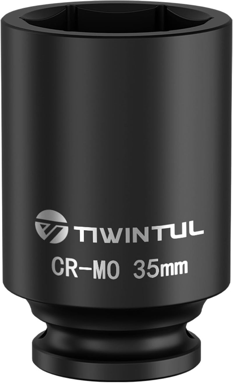 TIWINTUL مفتاح صدمة 35 مم 1/2 بوصة، مفتاح صدمة عميق من فولاذ CR-MO، بطول 3.07 بوصة، تصميم 6 نقاط، حجم متري، مفتاح صمولة المحور لإزالة سهلة لصواميل عمود المحور. - Image 1